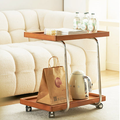 Traditional Vintage Solid Wood Stainless Steel Mobile C-Shaped Rectangular End Table 2-Tier For Living Room