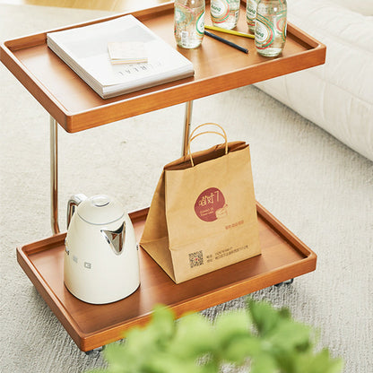 Traditional Vintage Solid Wood Stainless Steel Mobile C-Shaped Rectangular End Table 2-Tier For Living Room