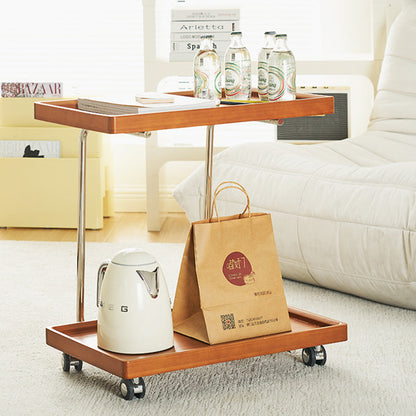 Traditional Vintage Solid Wood Stainless Steel Mobile C-Shaped Rectangular End Table 2-Tier For Living Room