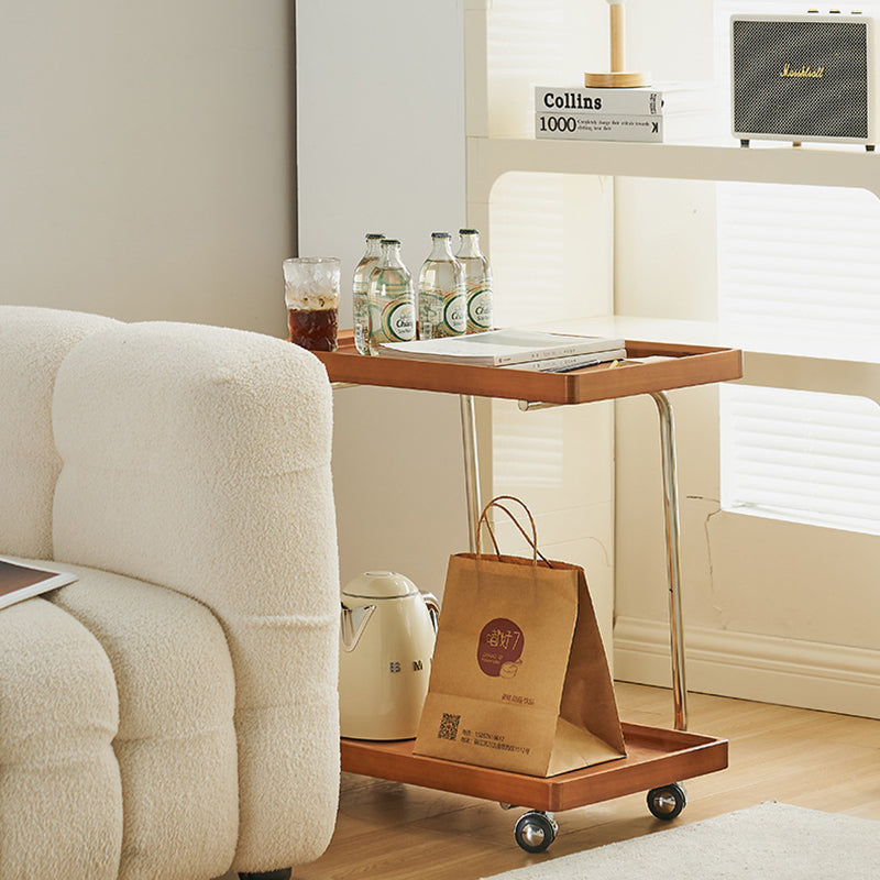 Traditional Vintage Solid Wood Stainless Steel Mobile C-Shaped Rectangular End Table 2-Tier For Living Room