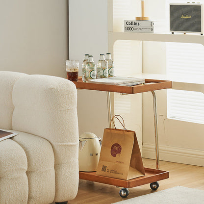 Traditional Vintage Solid Wood Stainless Steel Mobile C-Shaped Rectangular End Table 2-Tier For Living Room