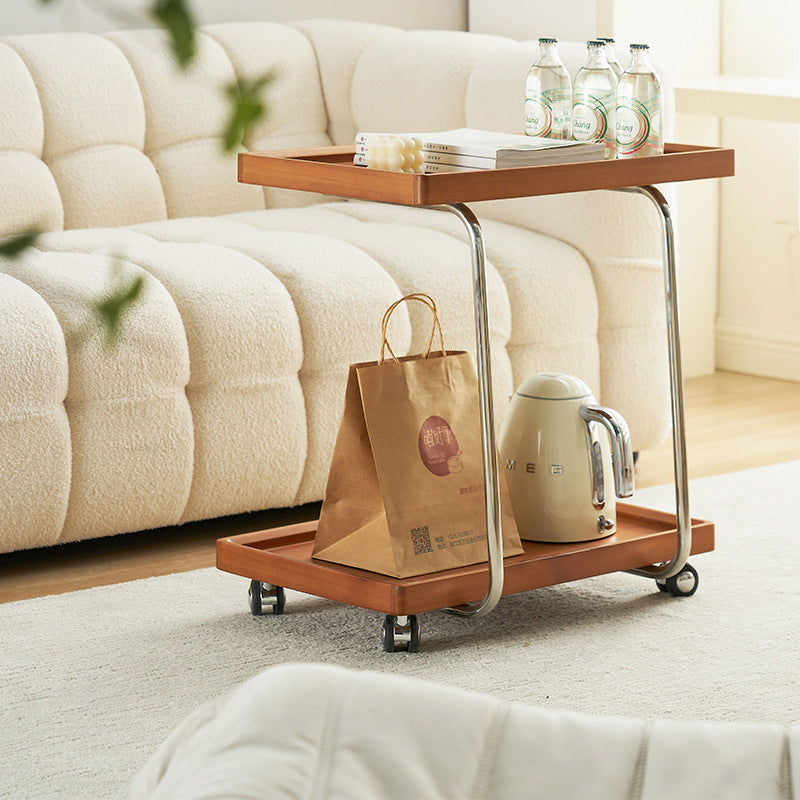 Traditional Vintage Solid Wood Stainless Steel Mobile C-Shaped Rectangular End Table 2-Tier For Living Room