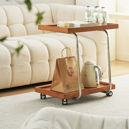 Traditional Vintage Solid Wood Stainless Steel Mobile C-Shaped Rectangular End Table 2-Tier For Living Room