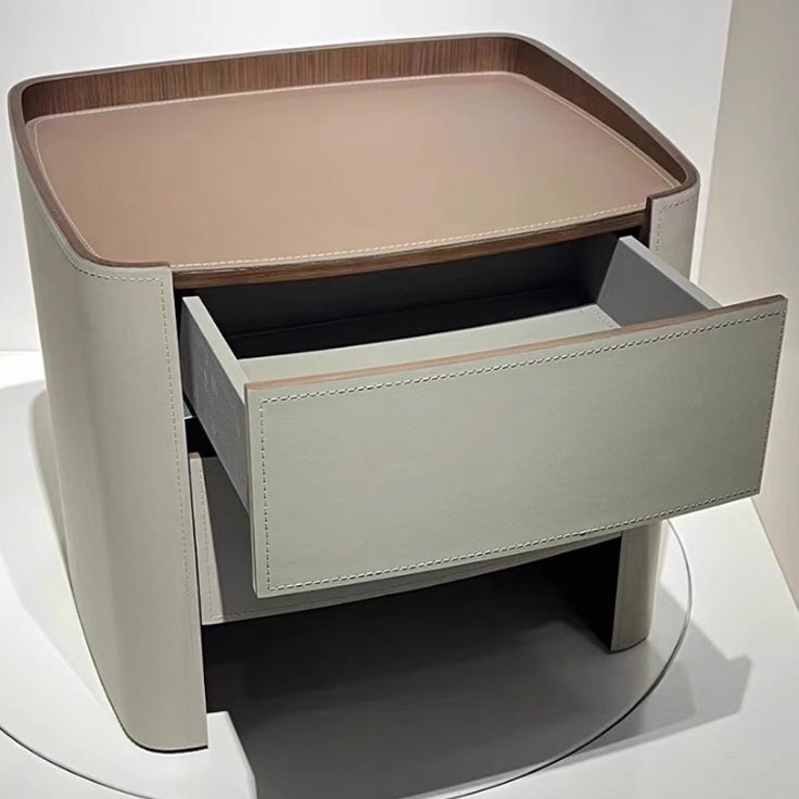 Contemporary Scandinavian Solid Wood Board Saddle Leather Metal Rounded Square Nightstand With 2 Drawers For Bedroom