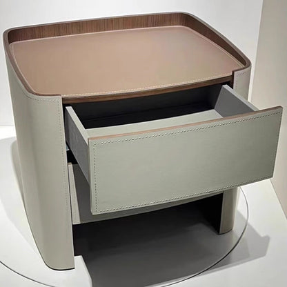 Contemporary Scandinavian Solid Wood Board Saddle Leather Metal Rounded Square Nightstand With 2 Drawers For Bedroom