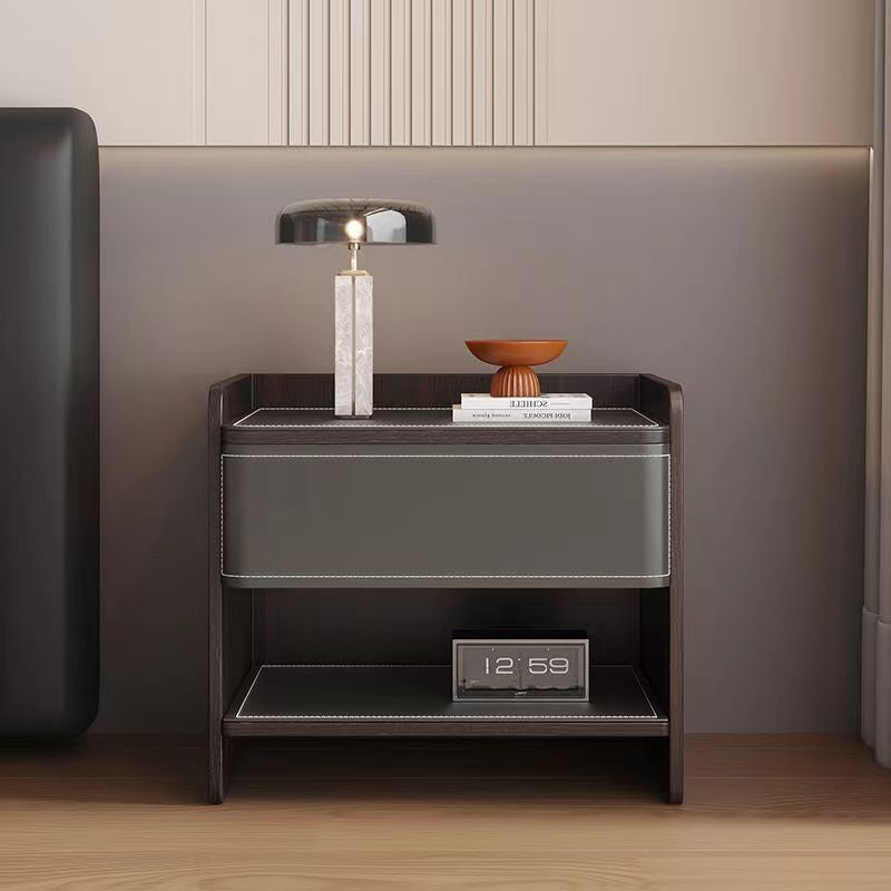 Contemporary Scandinavian Saddle Leather Sintered Stone Solid Wood Rounded Square Nightstand With 2 Tiers For Bedroom