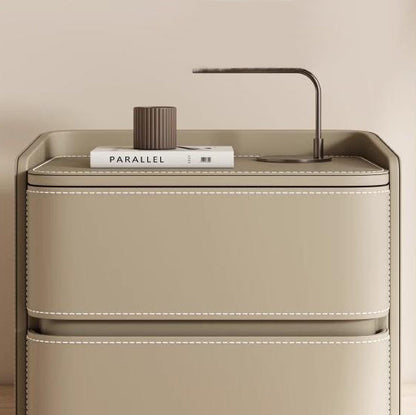 Contemporary Creative Faux Saddle Leather Pine Wood Rounded Square Nightstand With 2 Drawers For Bedroom