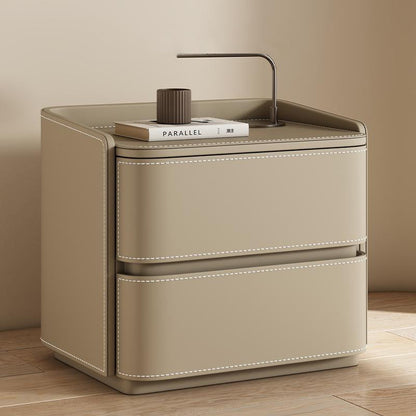 Contemporary Creative Faux Saddle Leather Pine Wood Rounded Square Nightstand With 2 Drawers For Bedroom