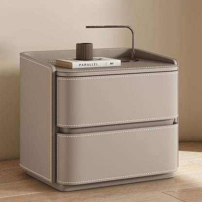 Contemporary Creative Faux Saddle Leather Pine Wood Rounded Square Nightstand With 2 Drawers For Bedroom