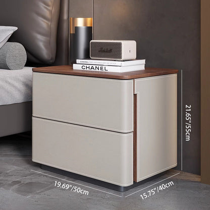 Modern Luxury Saddle Leather Solid Wood Rounded Square Nightstand With 2 Drawers For Bedroom
