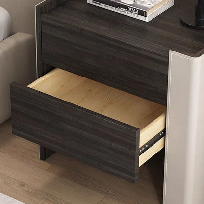 Contemporary Creative Solid Wood Saddle Leather Square Rounded Nightstand With 2 Drawers For Bedroom
