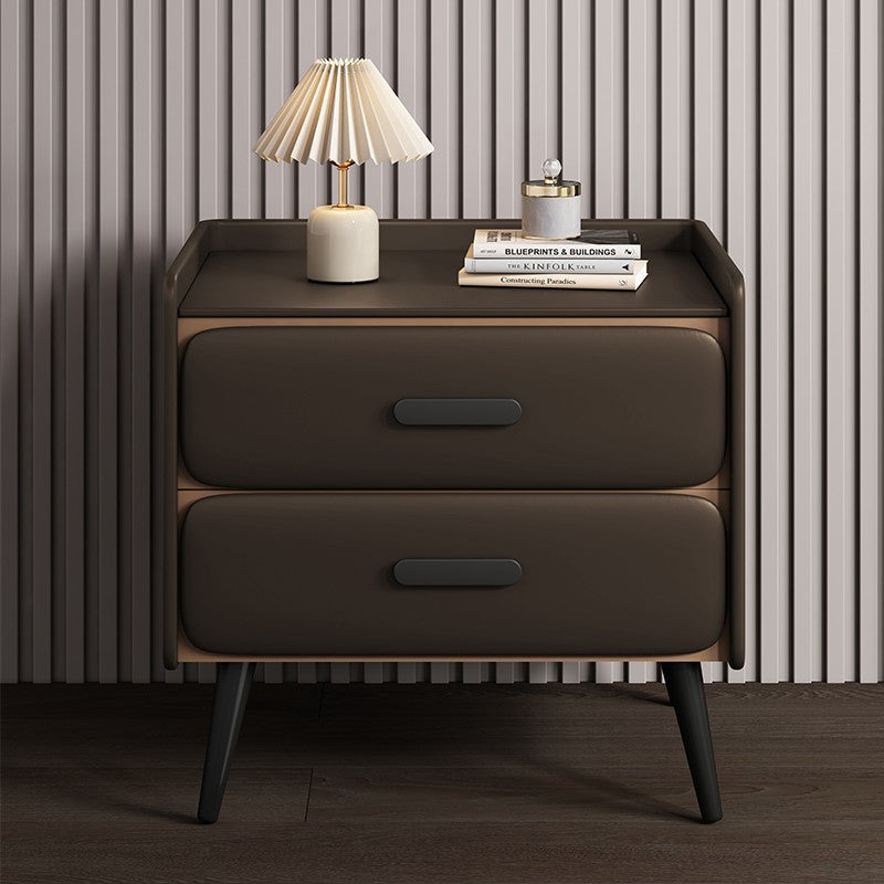 Contemporary Scandinavian Stone Slab Faux Nappa Leather Metal Pine Rounded Rectangle Nightstand With 2 Drawers For Bedroom