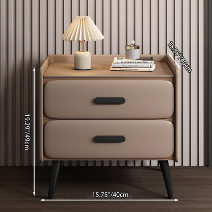 Contemporary Scandinavian Stone Slab Faux Nappa Leather Metal Pine Rounded Rectangle Nightstand With 2 Drawers For Bedroom
