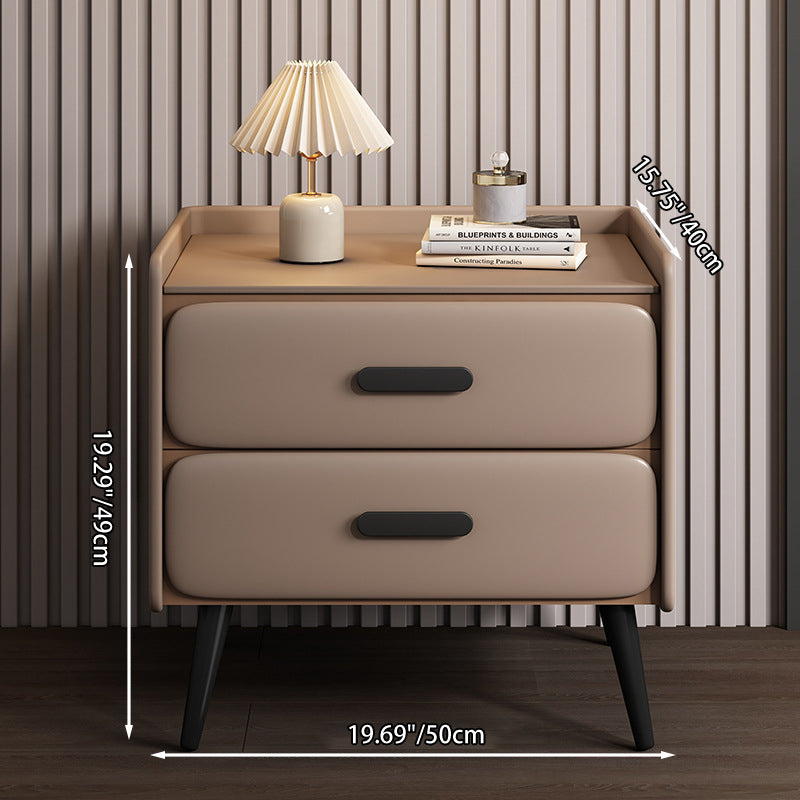 Contemporary Scandinavian Stone Slab Faux Nappa Leather Metal Pine Rounded Rectangle Nightstand With 2 Drawers For Bedroom