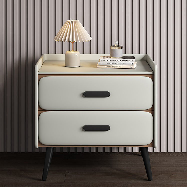 Contemporary Scandinavian Stone Slab Faux Nappa Leather Metal Pine Rounded Rectangle Nightstand With 2 Drawers For Bedroom