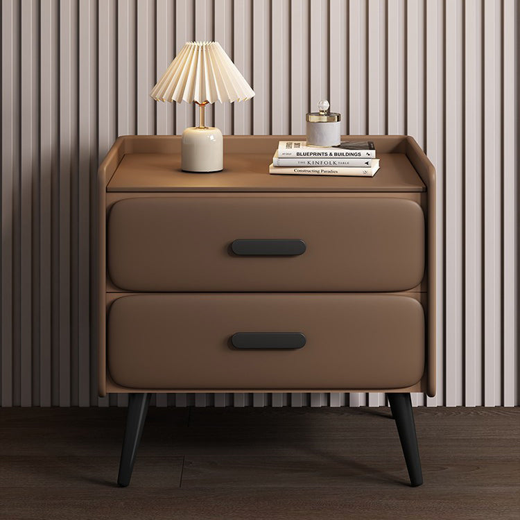 Contemporary Scandinavian Stone Slab Faux Nappa Leather Metal Pine Rounded Rectangle Nightstand With 2 Drawers For Bedroom