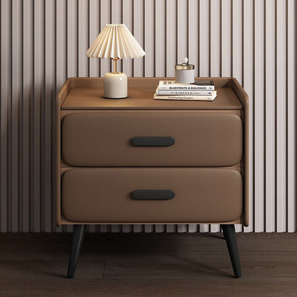 Contemporary Scandinavian Stone Slab Faux Nappa Leather Metal Pine Rounded Rectangle Nightstand With 2 Drawers For Bedroom