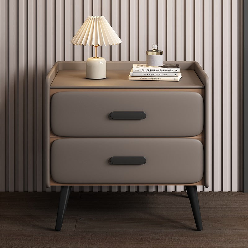 Contemporary Scandinavian Stone Slab Faux Nappa Leather Metal Pine Rounded Rectangle Nightstand With 2 Drawers For Bedroom