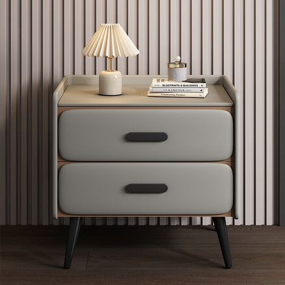 Contemporary Scandinavian Stone Slab Faux Nappa Leather Metal Pine Rounded Rectangle Nightstand With 2 Drawers For Bedroom
