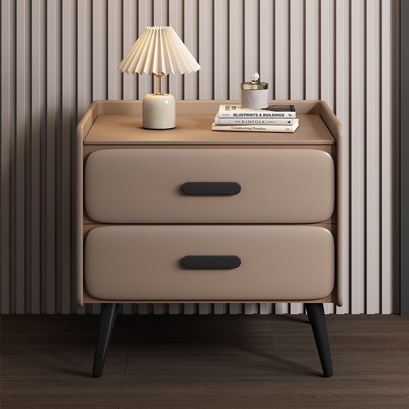 Contemporary Scandinavian Stone Slab Faux Nappa Leather Metal Pine Rounded Rectangle Nightstand With 2 Drawers For Bedroom