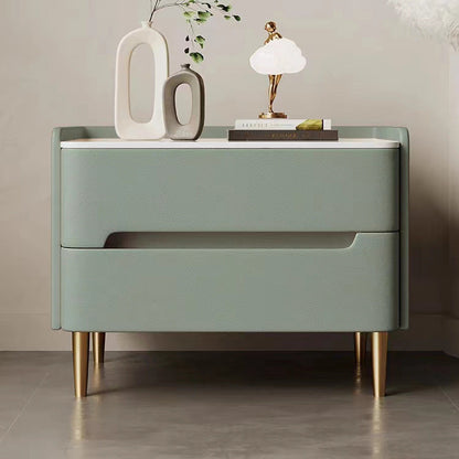 Contemporary Scandinavian Sintered Stone Cat-Scratch Leather MDF Stainless Steel Rounded Square Cylinder Nightstand With 2 Drawers For Bedroom