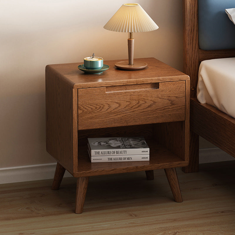 Contemporary Scandinavian Solid Wood Cylindrical Square Nightstand With 1/2 Drawers For Bedroom