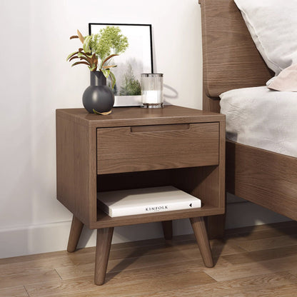 Contemporary Scandinavian Solid Wood Cylindrical Square Nightstand With 1/2 Drawers For Bedroom