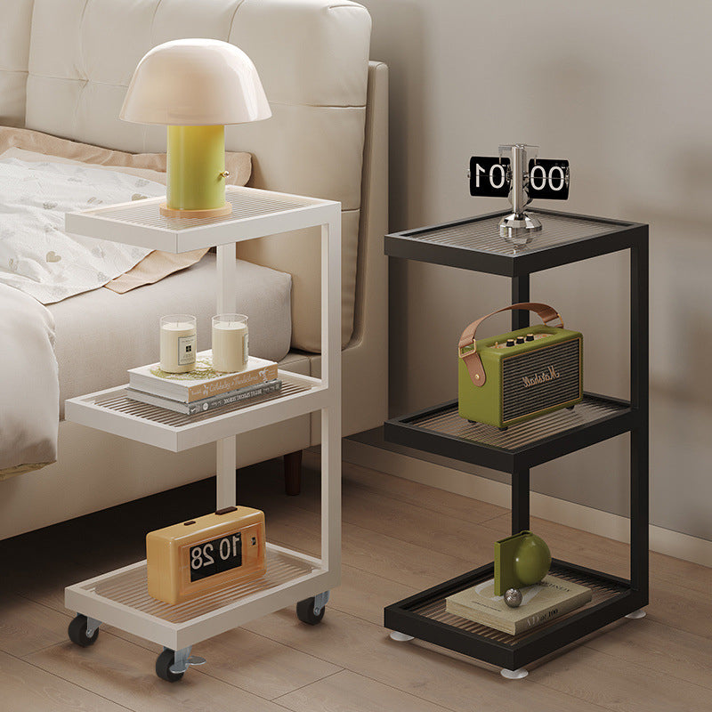 Contemporary Scandinavian Glass Carbon Steel Mobile Rectangle Side Table 3-Tier For Living Room