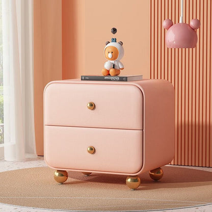 Contemporary Scandinavian Microfiber Leather Solid Wood Metal Ball Square Nightstand 2-Drawer For Bedroom