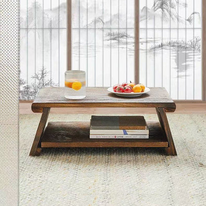 Traditional Japanese Solid Wood Rectangle Coffee Table 2-Tier For Living Room