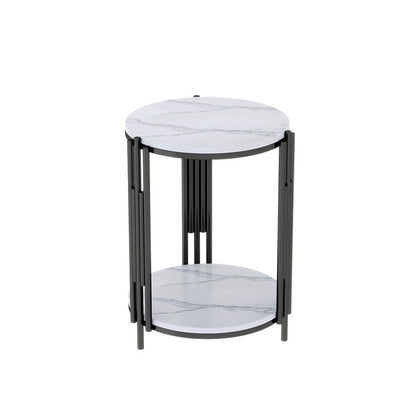 Contemporary Scandinavian Sintered Stone Iron Round Narrow Side Table 2-Tier For Living Room