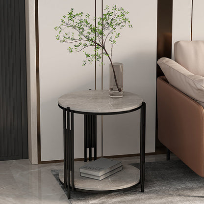 Contemporary Scandinavian Sintered Stone Iron Round Narrow Side Table 2-Tier For Living Room