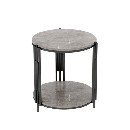 Contemporary Scandinavian Sintered Stone Iron Round Narrow Side Table 2-Tier For Living Room