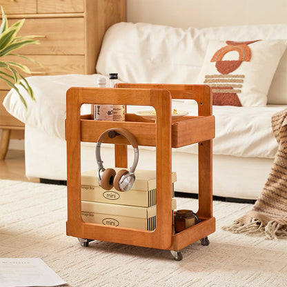 Traditional Japanese Solid Wood Mobile Rounded Square Side Table 2-Tier For Living Room