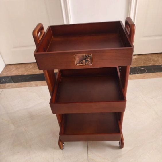 Traditional Vintage Solid Wood Mobile Square Side Table 3-Tier For Living Room