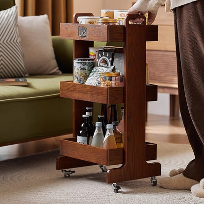 Traditional Vintage Solid Wood Mobile Square Side Table 3-Tier For Living Room