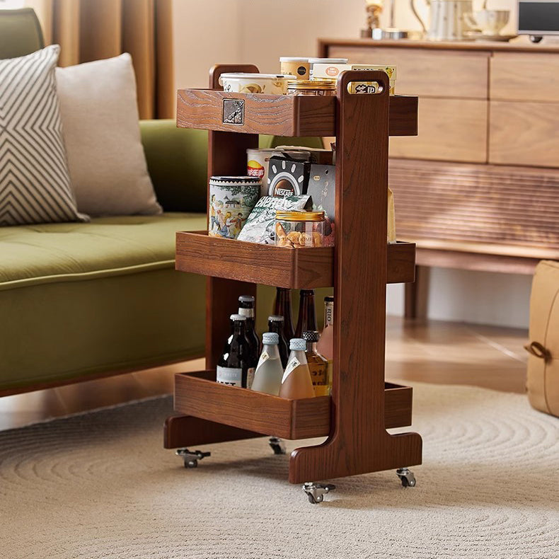 Traditional Vintage Solid Wood Mobile Square Side Table 3-Tier For Living Room
