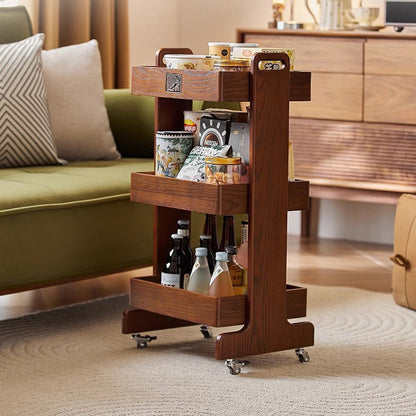 Traditional Vintage Solid Wood Mobile Square Side Table 3-Tier For Living Room