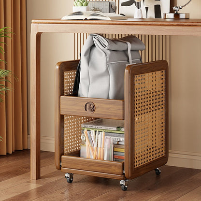Traditional Vintage Rubberwood Rattan Woven Square Side Table 2-Tier For Living Room