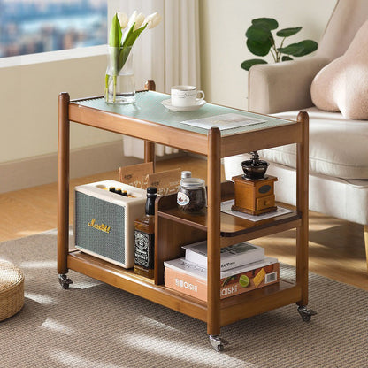 Traditional Vintage Glass Bamboo Movable Rectangular Side Table 3-Tier For Living Room