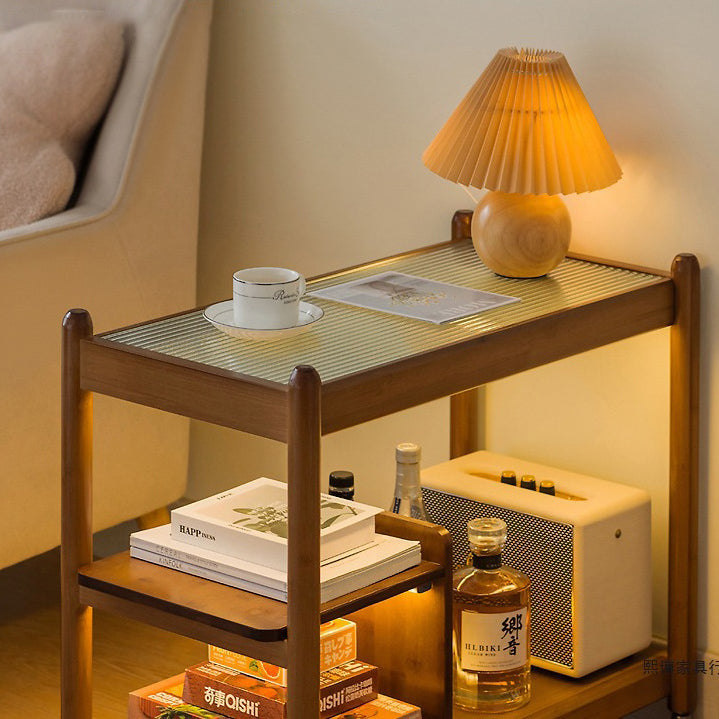 Traditional Vintage Glass Bamboo Movable Rectangular Side Table 3-Tier For Living Room