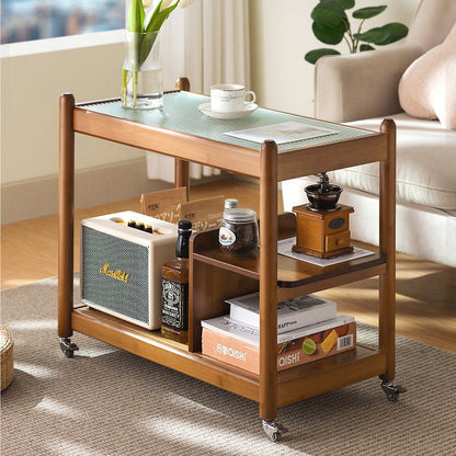 Traditional Vintage Glass Bamboo Movable Rectangular Side Table 3-Tier For Living Room