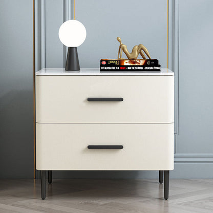 Contemporary Scandinavian Sintered Stone Solid Wood Microfiber Leather Iron Rounded Square Cylindrical Nightstand With 2 Drawers For Bedroom