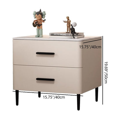 Contemporary Scandinavian Sintered Stone Solid Wood Microfiber Leather Iron Rounded Square Cylindrical Nightstand With 2 Drawers For Bedroom