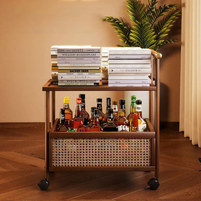 Traditional Chinese MDF Nan Bamboo Woven Rattan Cylindrical Rectangular Side Table 1-Tier For Living Room