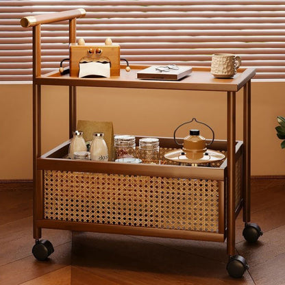 Traditional Chinese MDF Nan Bamboo Woven Rattan Cylindrical Rectangular Side Table 1-Tier For Living Room