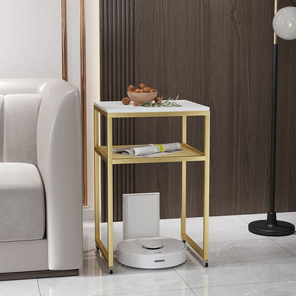 Contemporary Scandinavian Sintered Stone Iron Mobile Square Side Table 2-Tier For Living Room