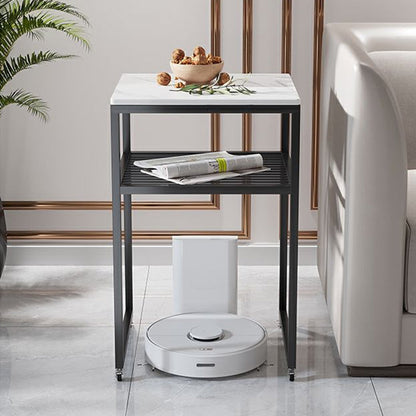 Contemporary Scandinavian Sintered Stone Iron Mobile Square Side Table 2-Tier For Living Room