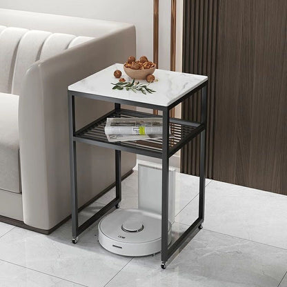 Contemporary Scandinavian Sintered Stone Iron Mobile Square Side Table 2-Tier For Living Room