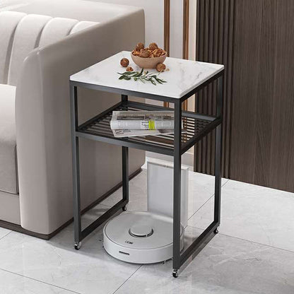 Contemporary Scandinavian Sintered Stone Iron Mobile Square Side Table 2-Tier For Living Room